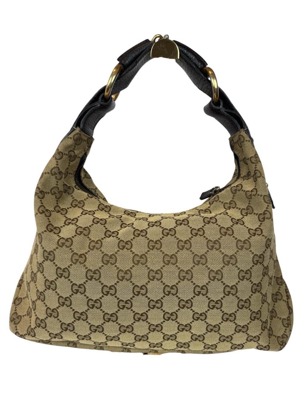 Gucci Beige GG Canvas Hobo with Dark Brown Leather Trim and Gold Hardware